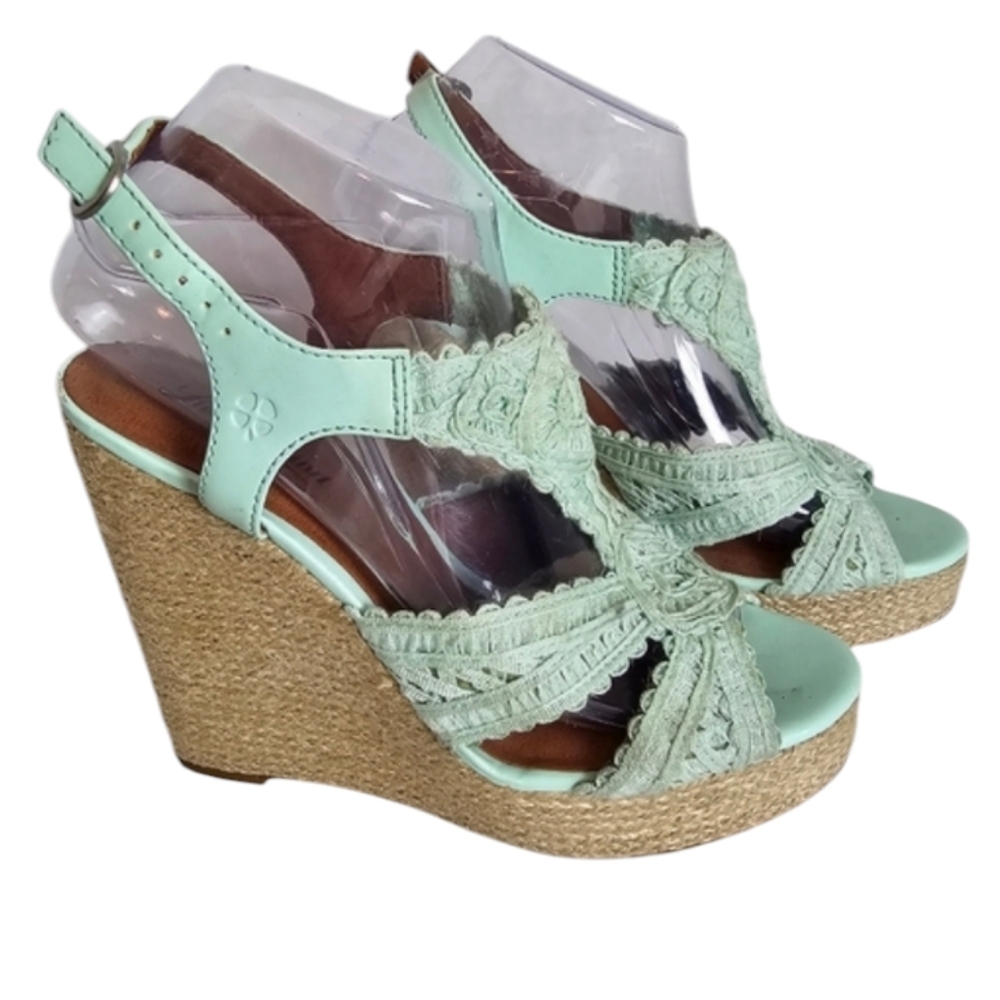 Lucky Brand Ridgeview Mint Green Wedge Sandals Peep Toe Espadrille Size 8